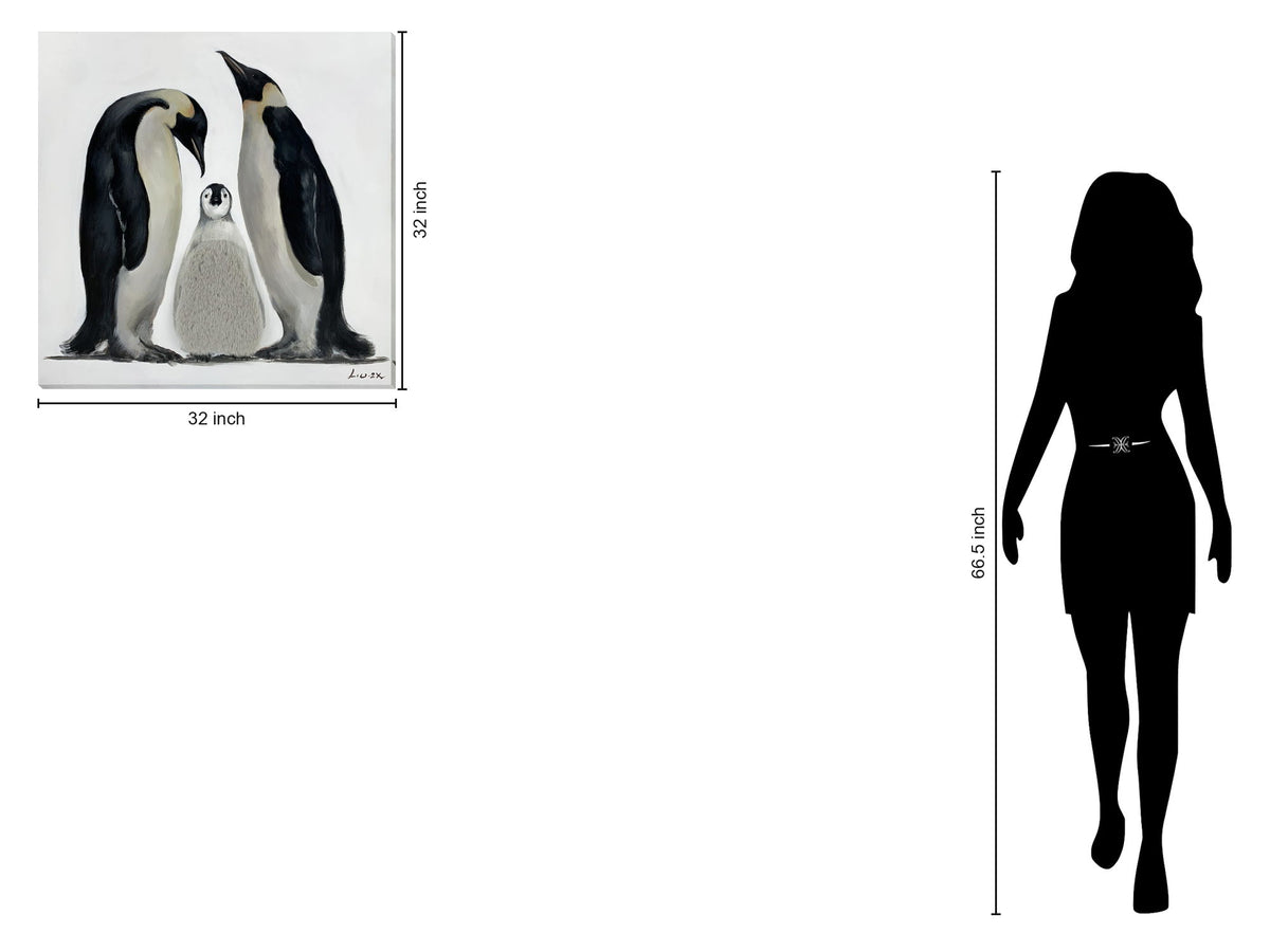 Penguin Family Hand-Embellished Wrapped Canvas With Fabric - Black / Ivory