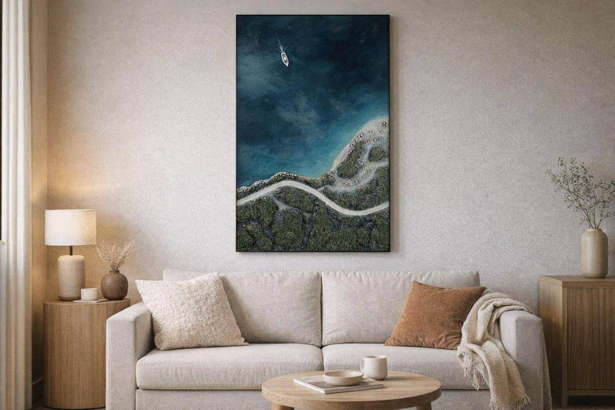 Coastal Passage I Hand-Painted Wrapped Canvas With Faux Moss - Blue / Green