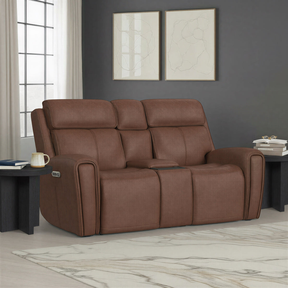 Flexsteel Warren Power Reclining Loveseat with Console, Power Headrest & Lumbar