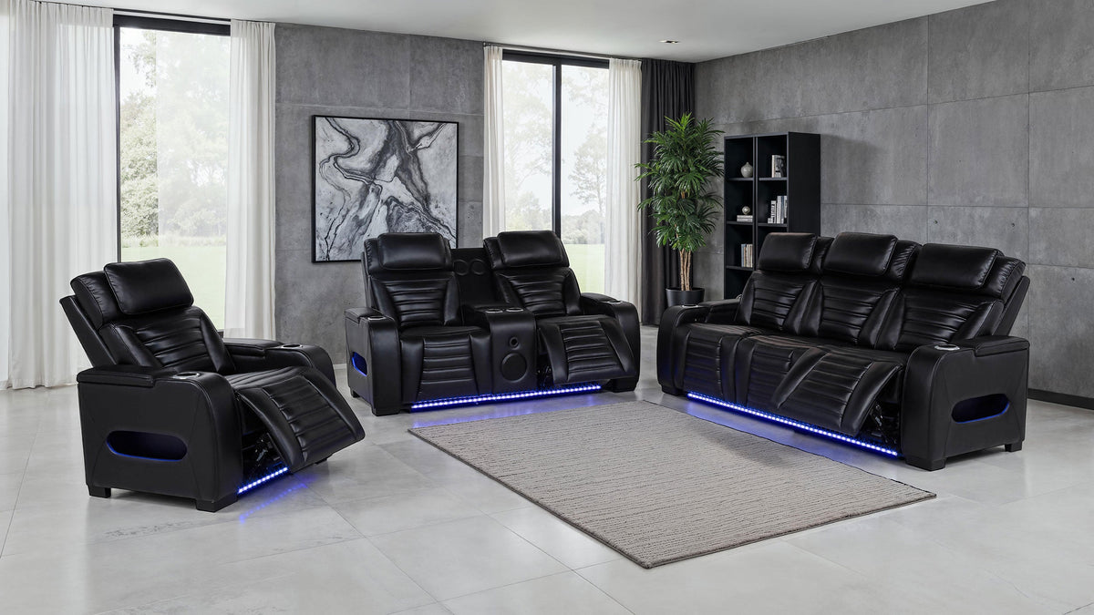 Zuma Faux Leather Dual Power Reclining LED Sofa Black