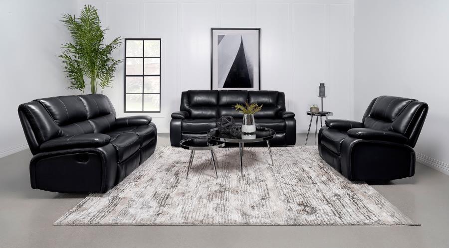Camila Upholstered Reclining Sofa Set Black 3-piece
