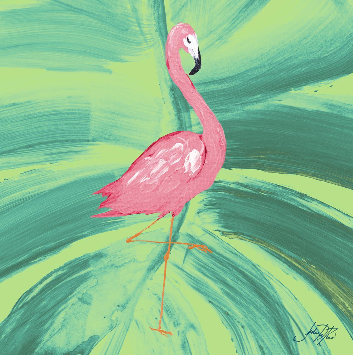 Fancy Flamingo On Palm By Julie Derice (Small) - Green