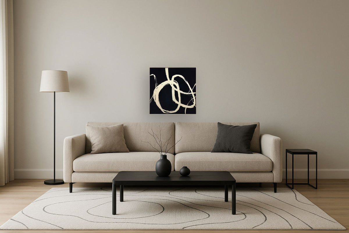 Ivory Whirl Flow - 32" x 32" Framed Wall Art - Black