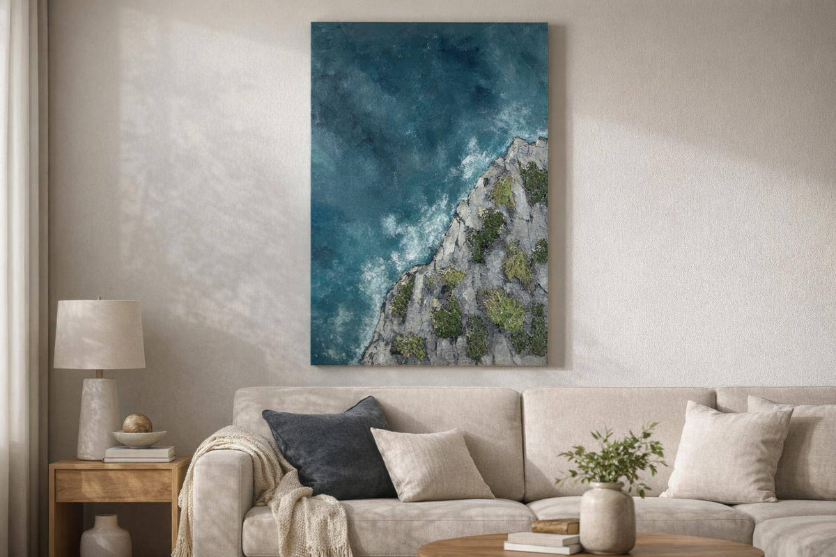 Coastal Passage II Hand-Painted Wrapped Canvas With Faux Moss - Teal / Gray