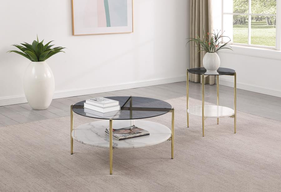 Jonelle Round Coffee and End Table Set Gold 2-piece