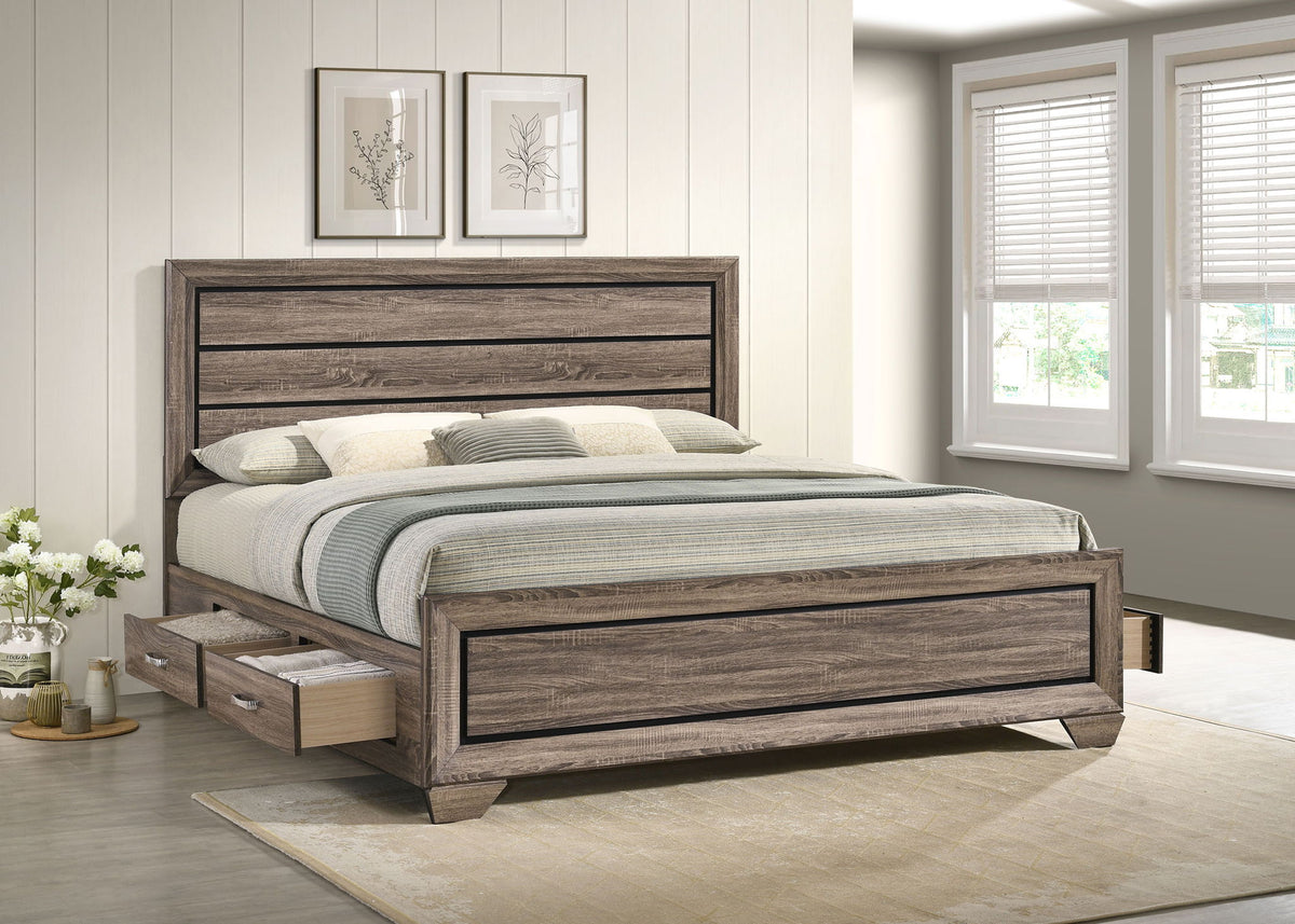 Kauffman Wood Eastern King Storage Panel Bed Washed Taupe