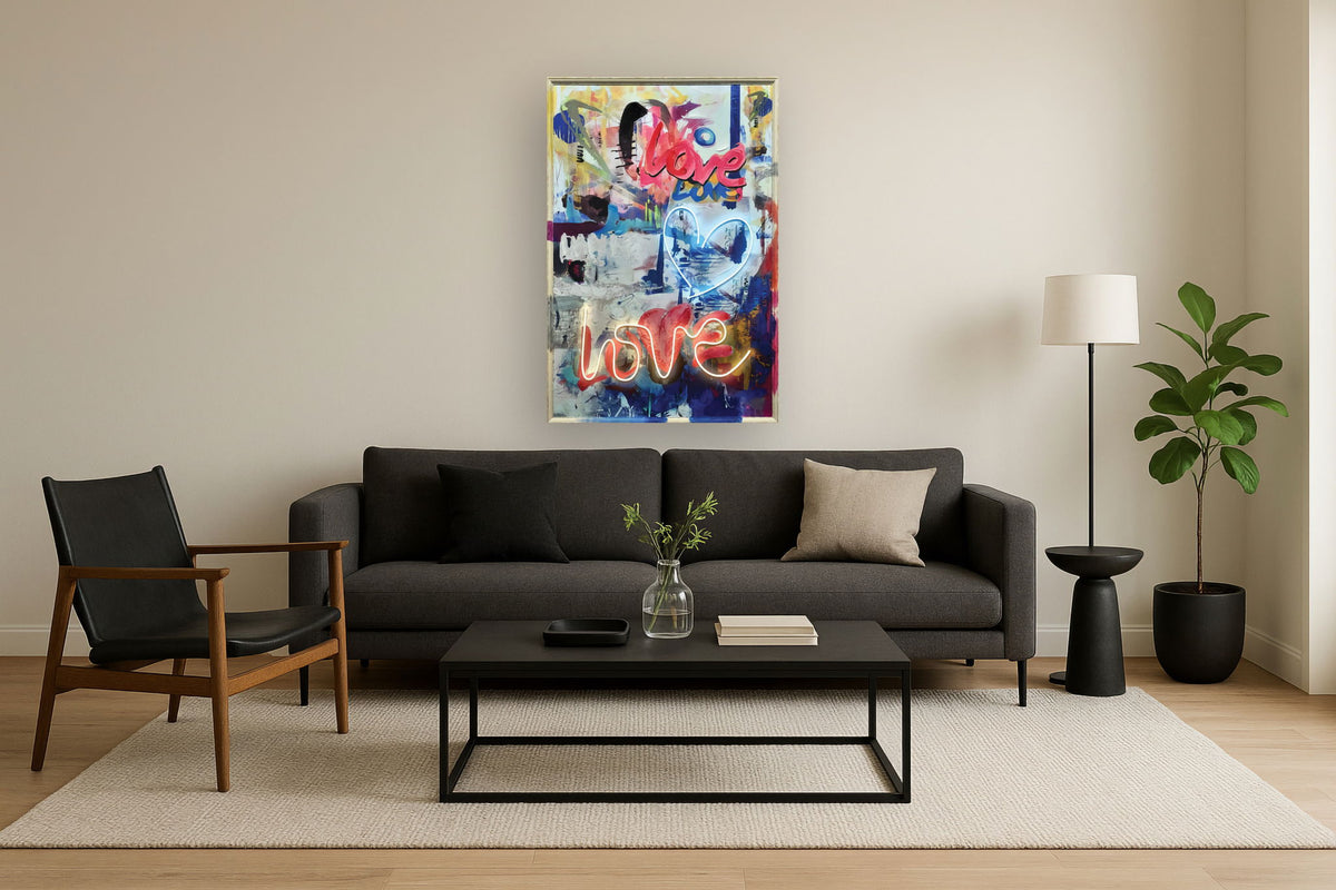 Radiant Heart Graffiti - 33" x 48" Framed Wall Art - Blue
