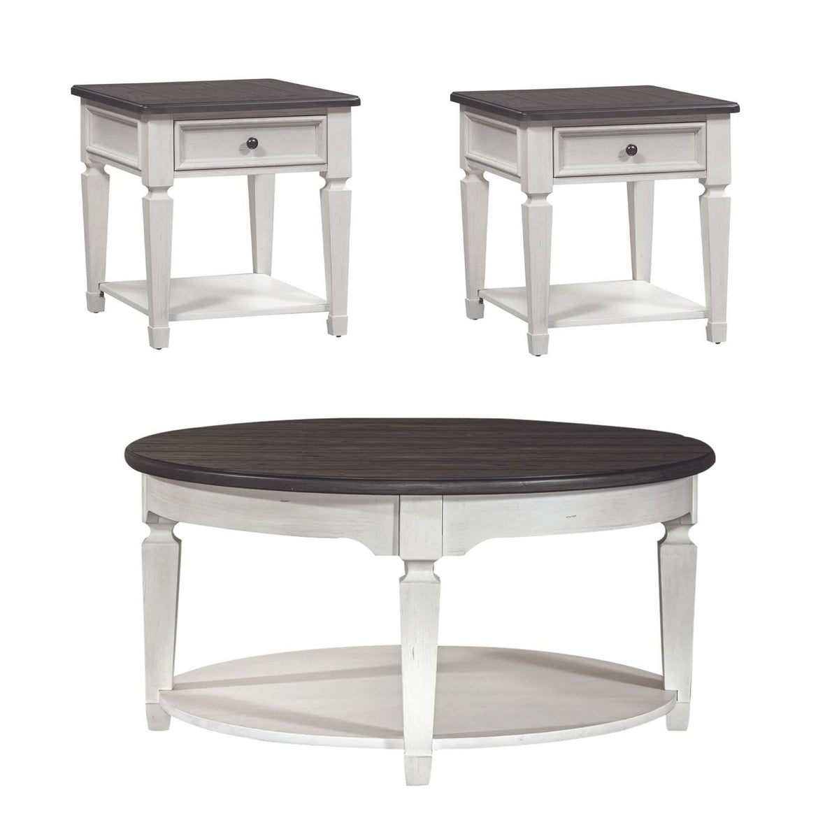 Allyson Park - 3 Piece Living Room Set (Round Cocktail Table) - Wirebrushed White / Charcoal