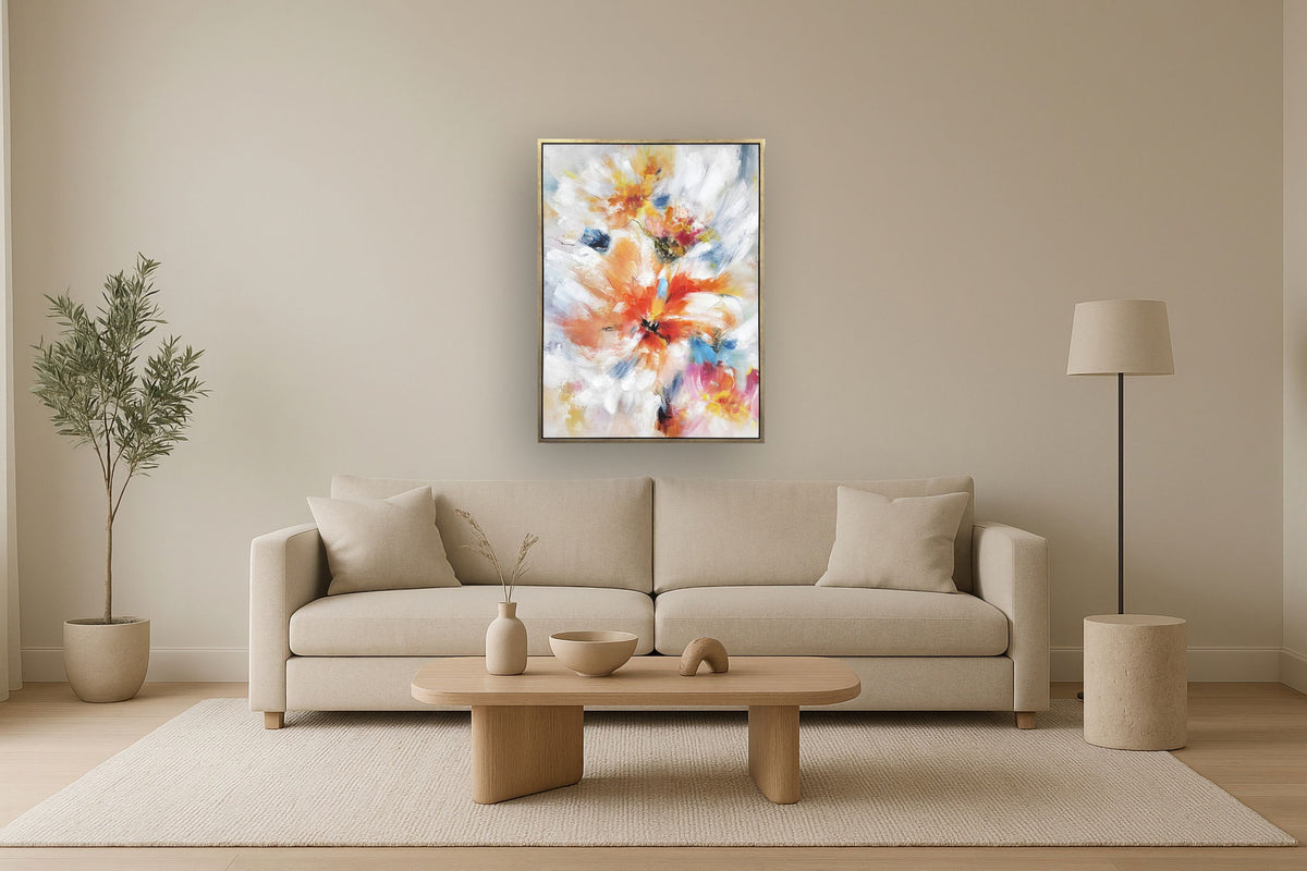 Radiant Petal Dance - 35" x 47" Framed Wall Art - Orange