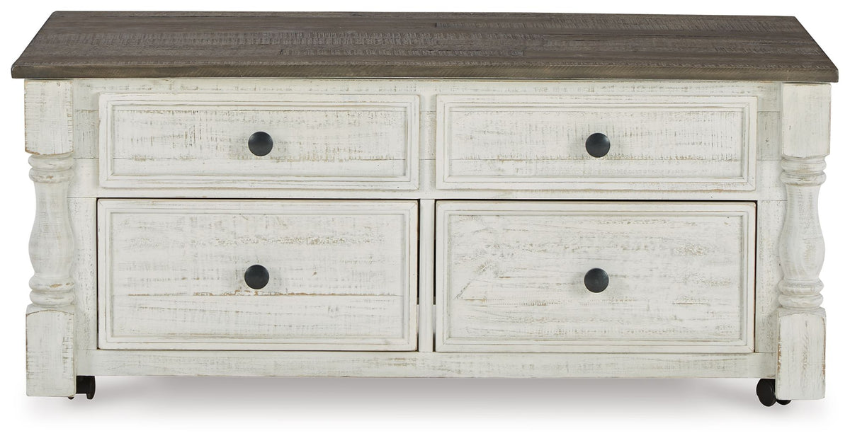 Havalance - Lift Top Cocktail Table with Storage Drawers - White / Gray