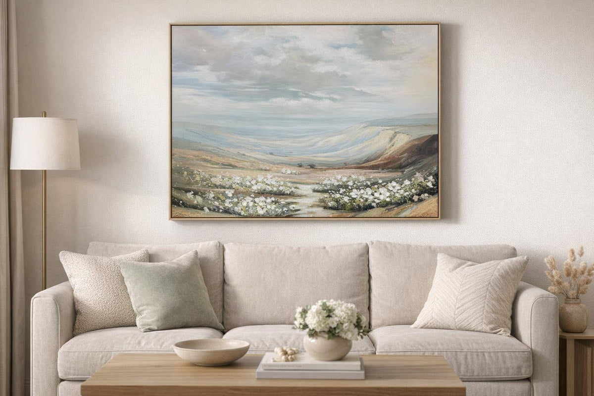 Wildflower Valley Hand-Embellished Canvas In Frame - Light Natural Wood / Blue-Gray