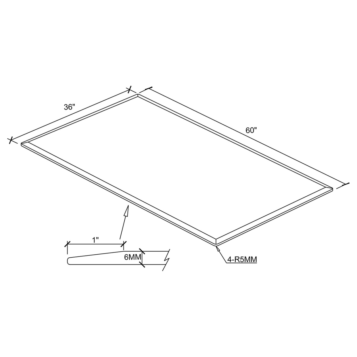 52x27-inch 6mm Rectangular Clear Tempered Glass Top