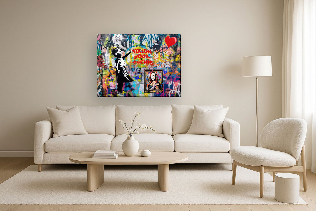 Heart Balloon Graffiti - 36" x 48" Framed Wall Art - Red