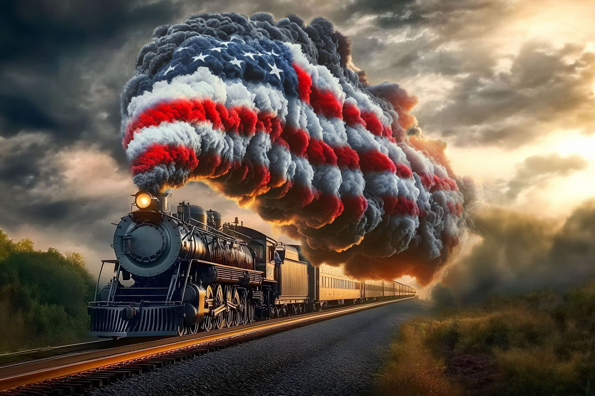 Flagburst Locomotive - 40" x 60" Framed Wall Art - Black