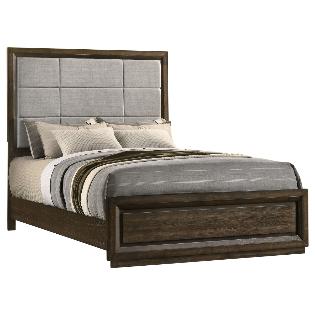 Atlas 63-inch Queen Upholstered Panel Bed Grey and Dark Oak
