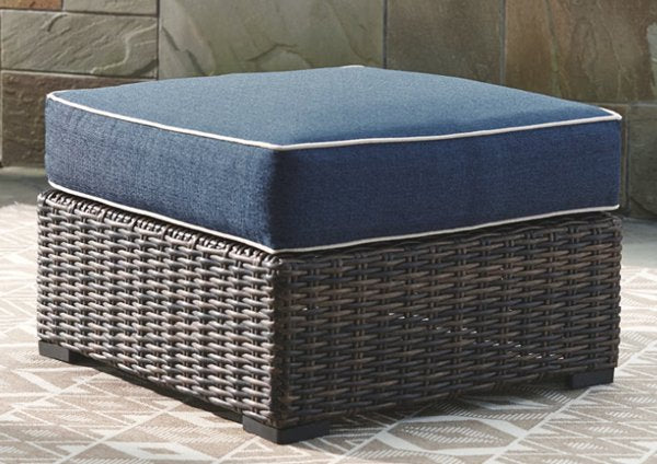 Clearance: Wicker Patio Ottoman with Blue Cushion