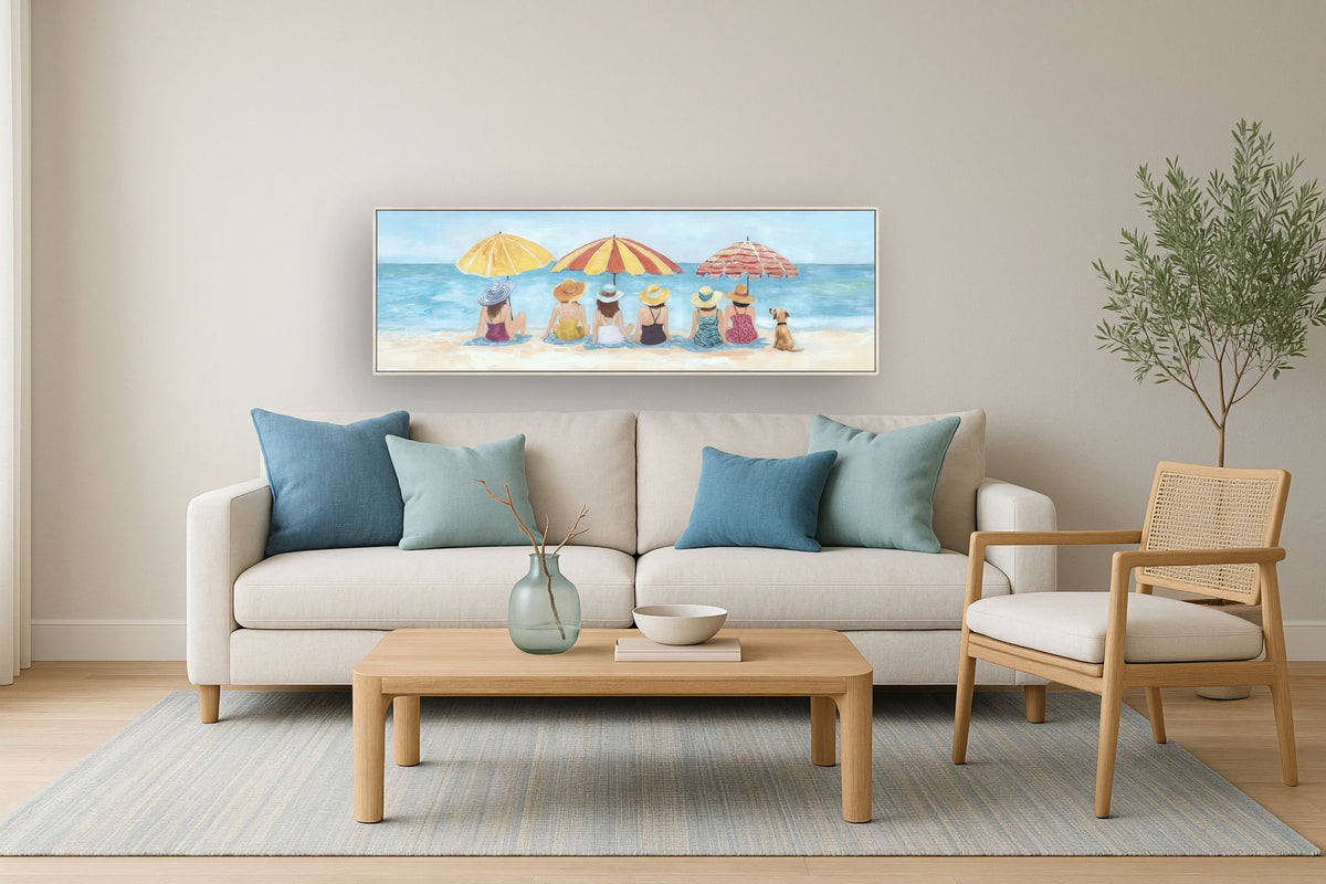 Seaside Sunhats Gathering - 20" x 60" Framed Wall Art - Blue