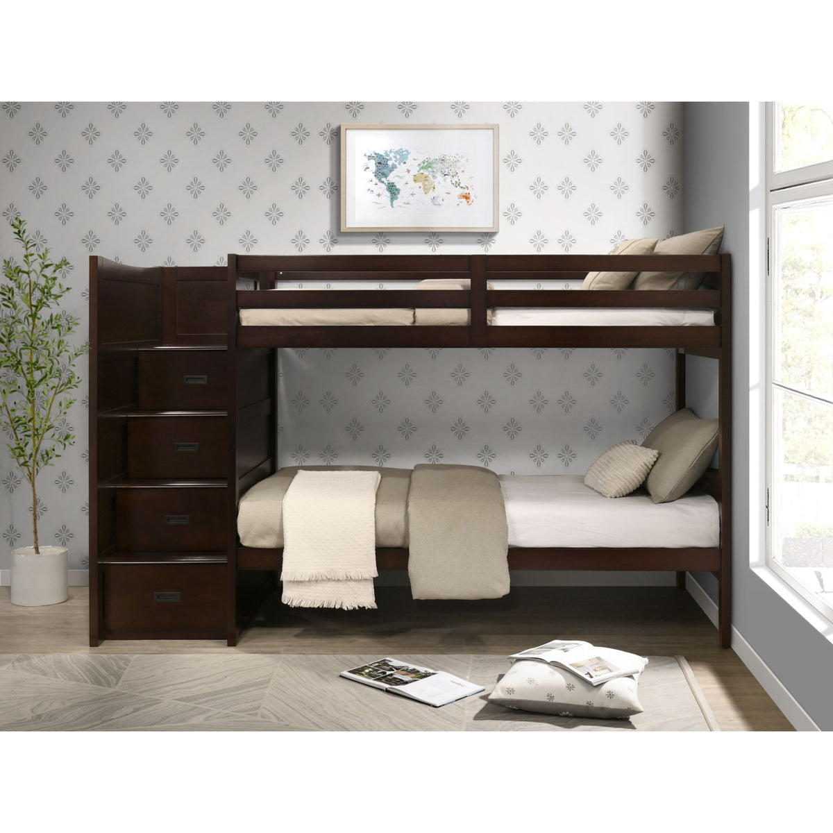 Twin over twin wood bunk bed with staircase storage