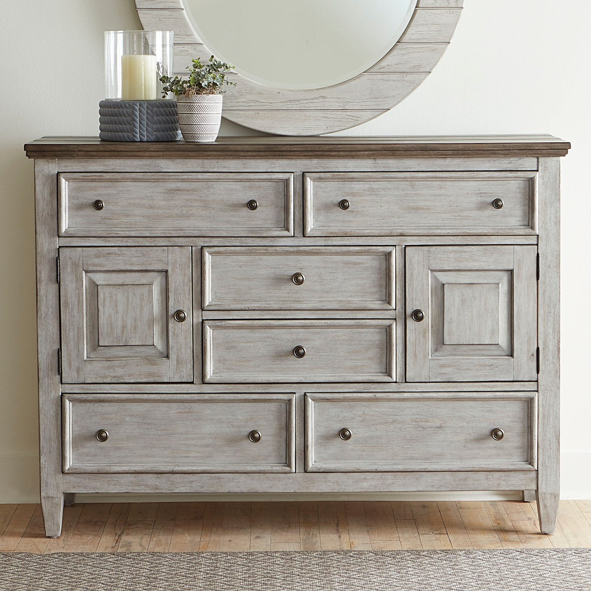 Heartland - 2 Door 6 Drawer Chesser - Antique White / Tobacco Tops