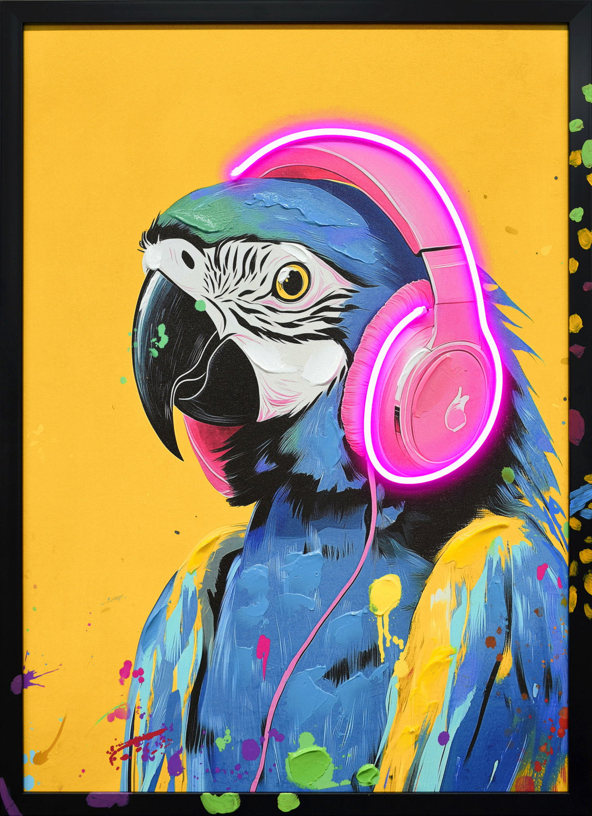 Neon Beats Macaw - 21" x 29" Framed Wall Art - Yellow