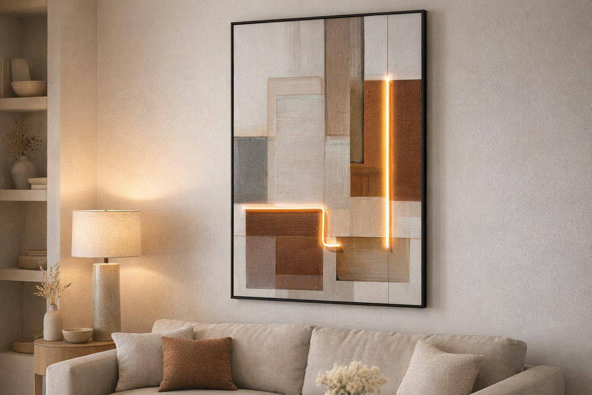 Luminous Grid I Hand-Embellished LED Canvas In Frame - Brown / Ivory