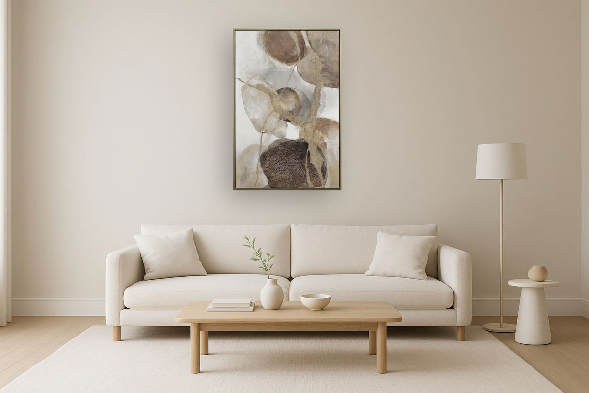 "Ethereal Whispers II" Hand-Embellished Canvas In Frame - Beige / Brown / Gold