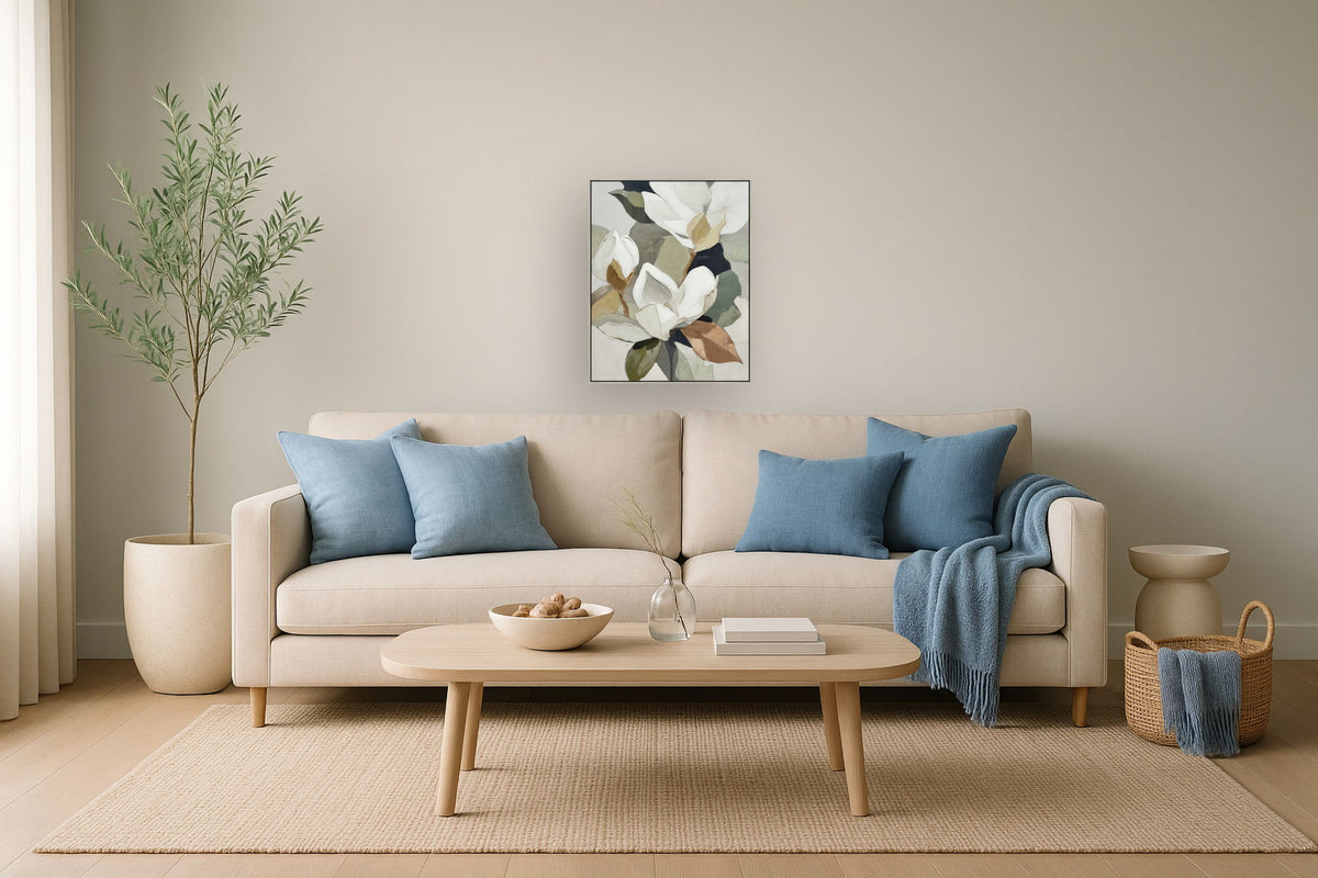 "Magnolia Serenity I" Hand-Embellished Canvas In Frame - Green / Orange / White