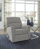 Altari Alloy Rocker Recliner requires 12" distance from wall to fully recline. It has a side handle lever. Distance between arms is 22"