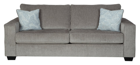 Altari Alloy sofa features clean lines and a neutral color to go with almost any color scheme.  Sofa measures 85" in length and has a seat depth of 20"