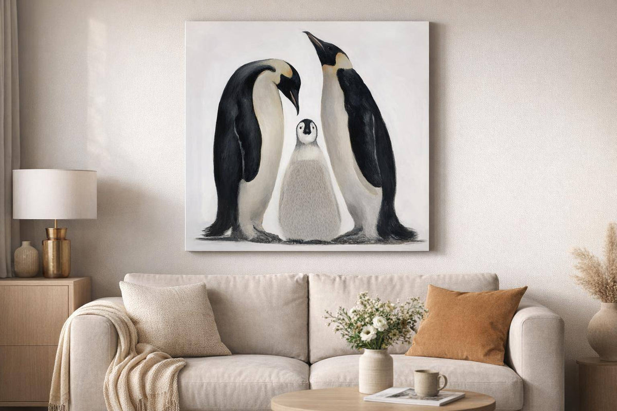 Penguin Family Hand-Embellished Wrapped Canvas With Fabric - Black / Ivory