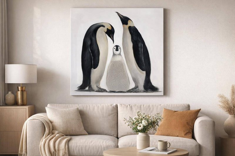 Penguin Family Hand-Embellished Wrapped Canvas With Fabric - Black / Ivory