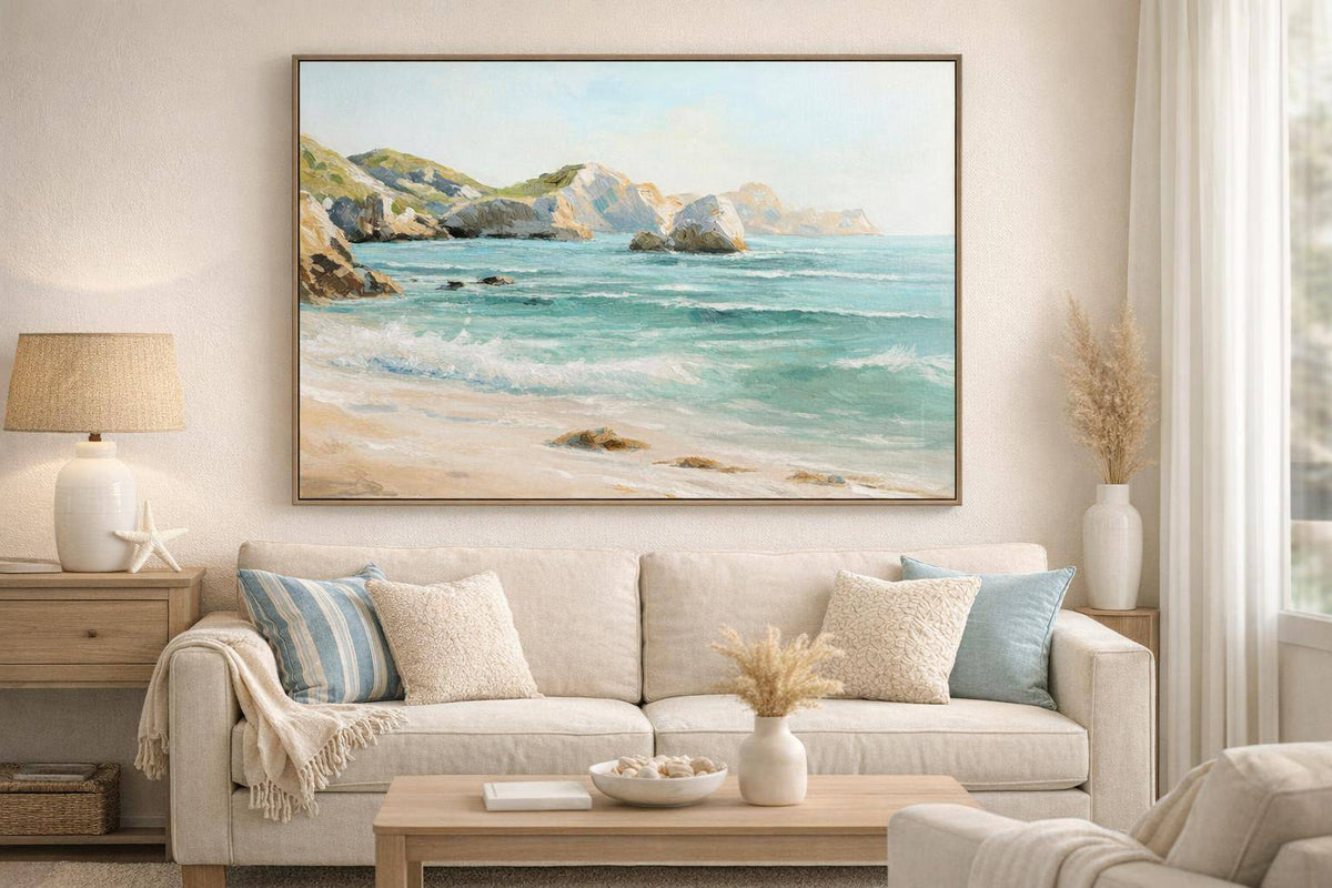 Coastal Daybreak I Hand-Embellished Canvas In Frame - Aqua / Beige