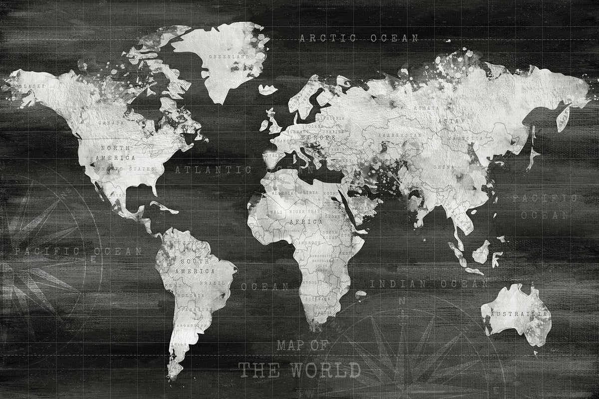 Framed Small - Industrial World Map By Natalie Carpentieri - Dark Gray