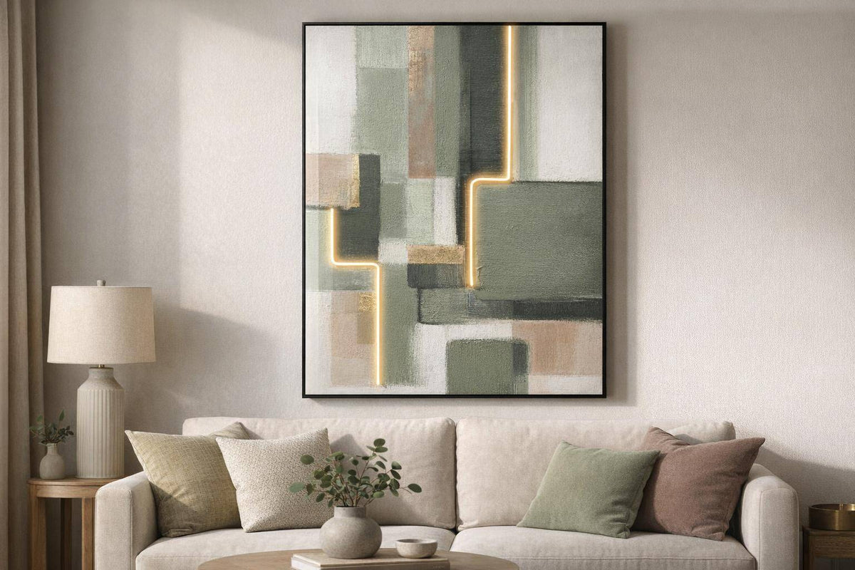 Luminous Grid I Hand-Embellished LED Canvas In Frame - Sage / Ivory