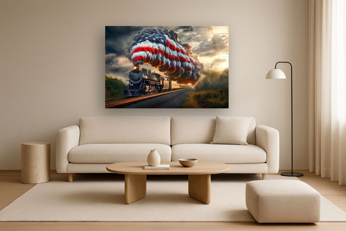 Flagburst Locomotive - 40" x 60" Framed Wall Art - Black