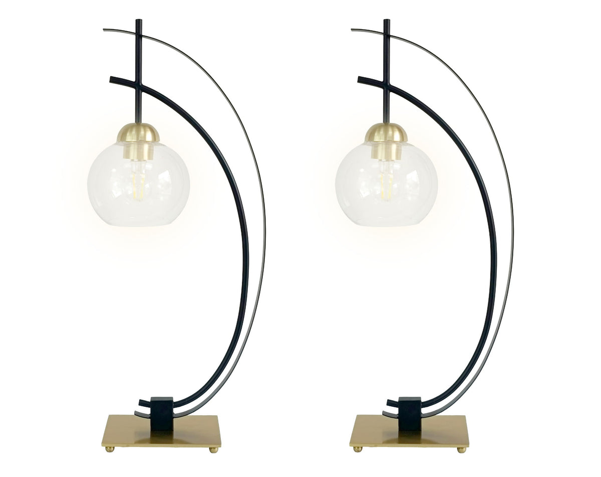 "Eclipse Aura" Metal Table Lamp With Glass Globe (Set of 2) - Matte Black / Gold / Clear Glass