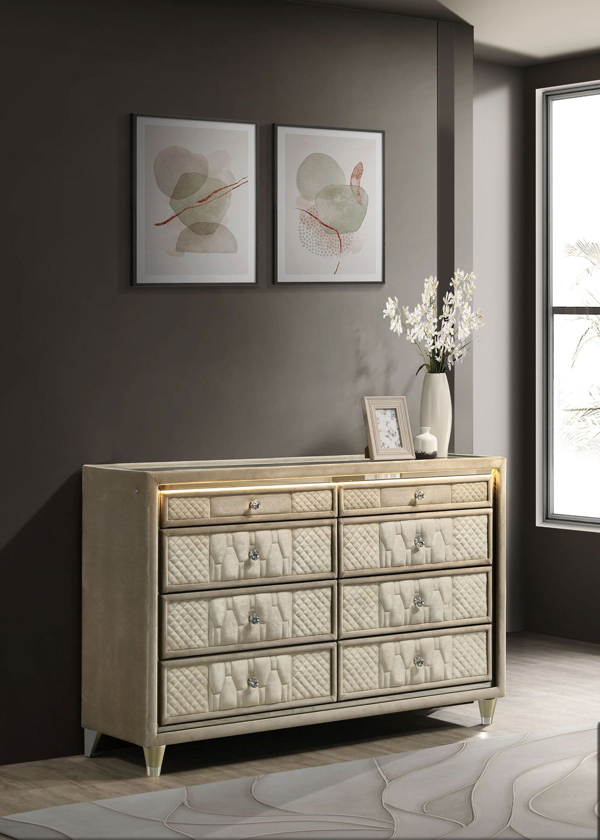 Lorient 8-drawer LED Bedroom Dresser Cabinet Ivory and Camel