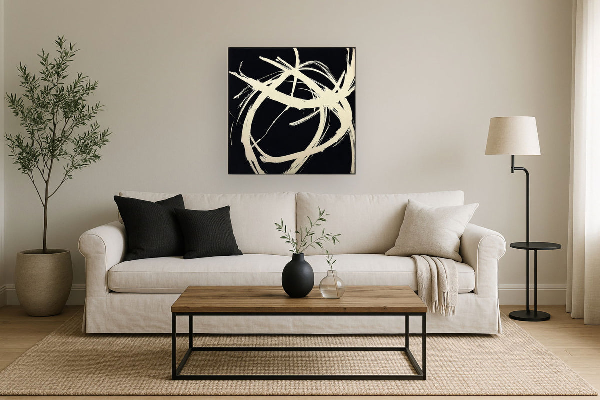 Ivory Swirl Touch - 32" x 32" Framed Wall Art - Black