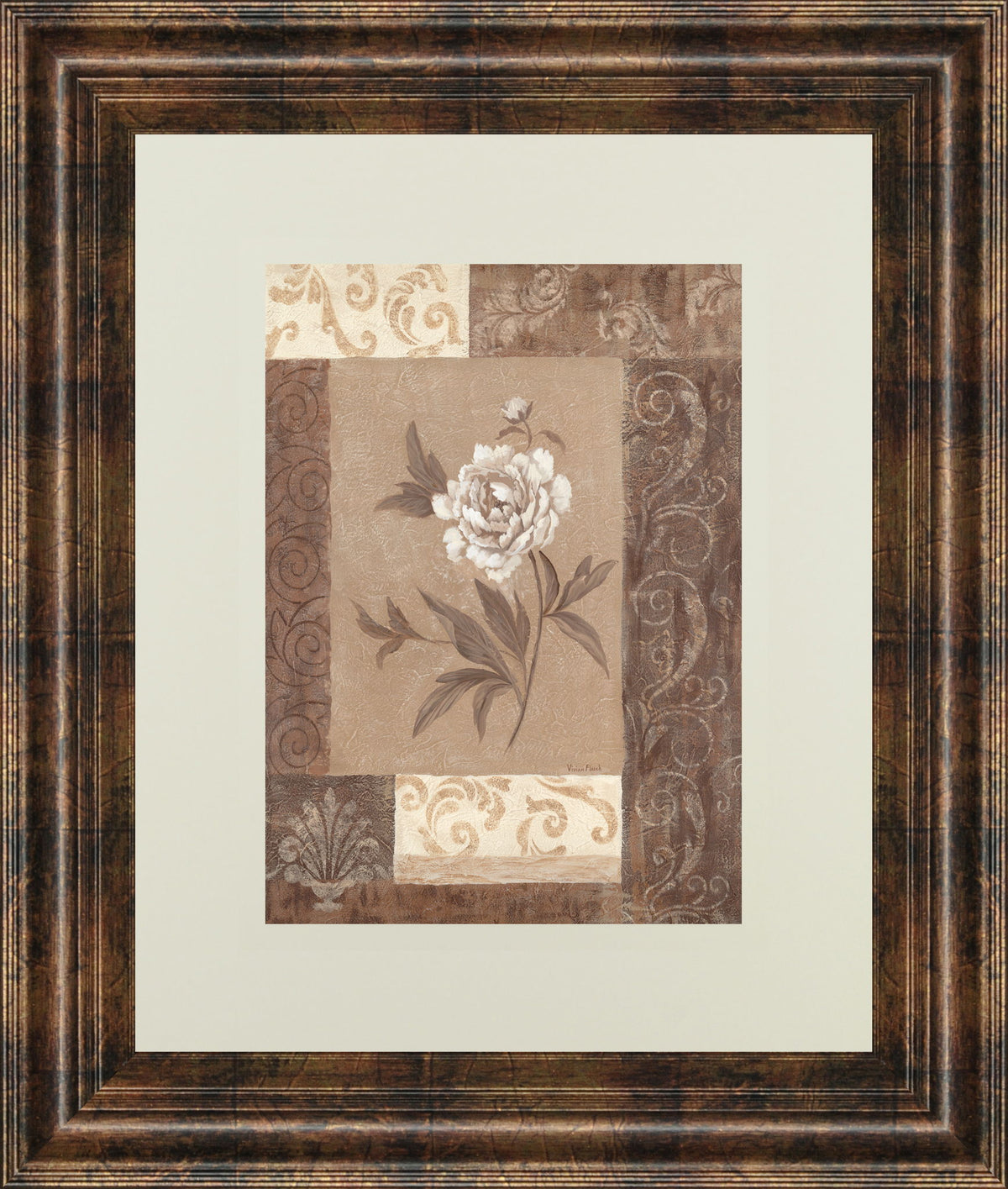 Single Peony By Vivian Flasch - Framed Print Wall Art - Light Brown