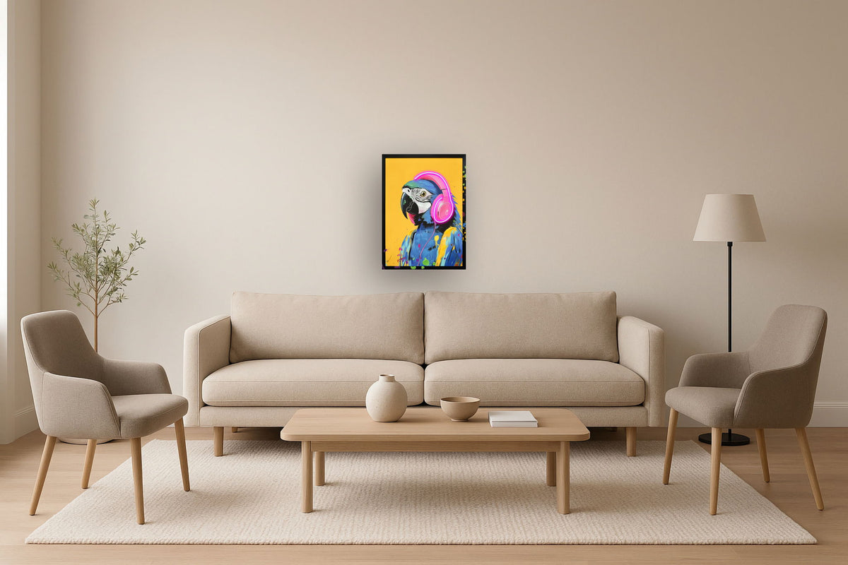 Neon Beats Macaw - 21" x 29" Framed Wall Art - Yellow