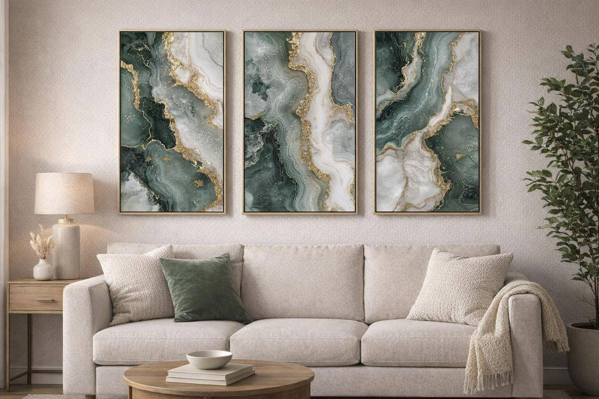 Jade Veining Hand-Embellished Canvas With Rocks & Foil In Frame (Set of 3) - Emerald / Sage