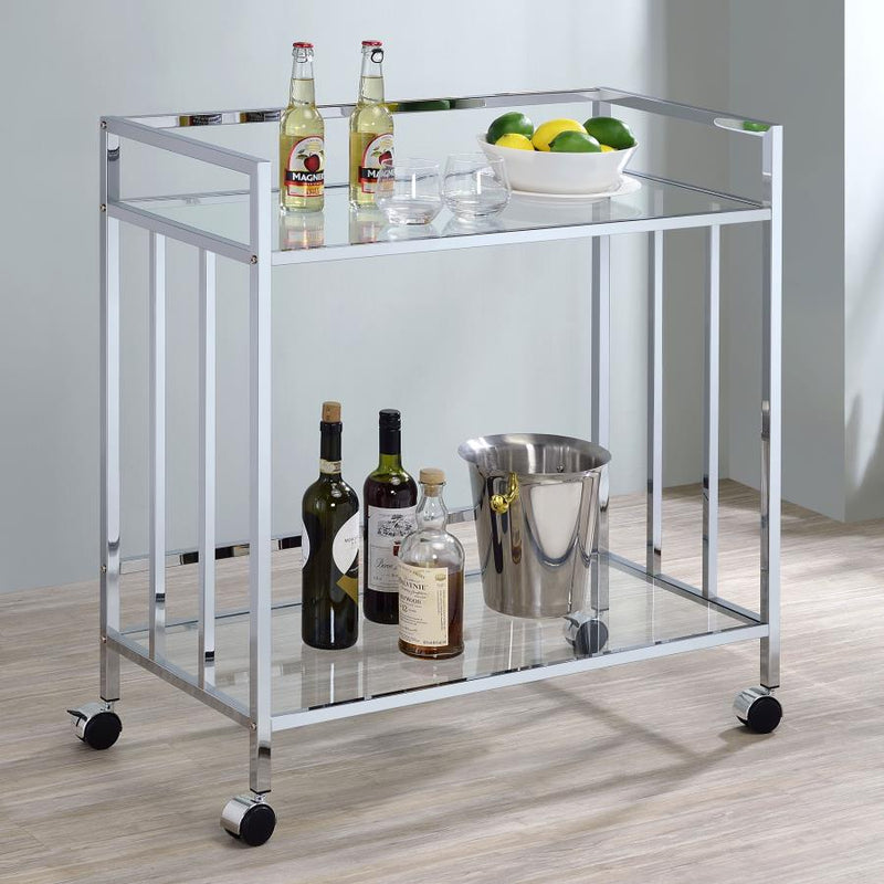 Cara 2-tier Rectangular Glass Shelf Metal Bar Cart Brass Chrome