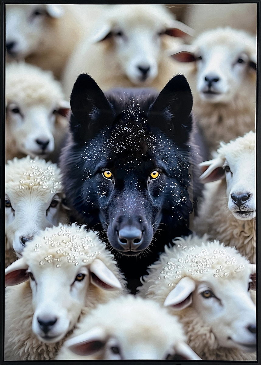 Midnight Among Sheep Gloss Canvas With Rocks In Frame - Black / White