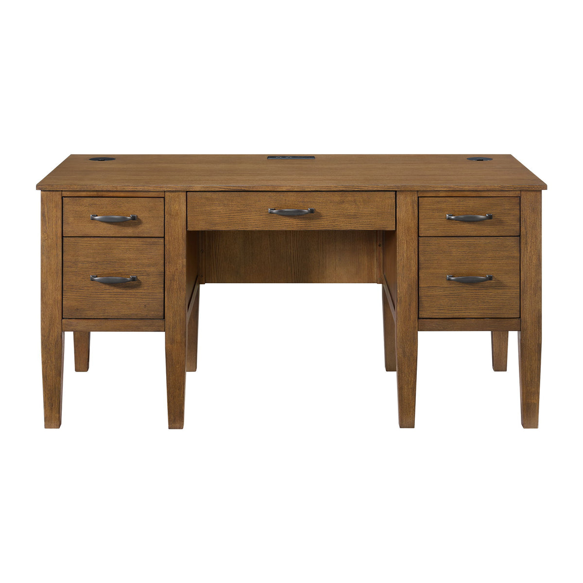 Portico - Half Pedestal Desk With Power / USB - Brown Oak