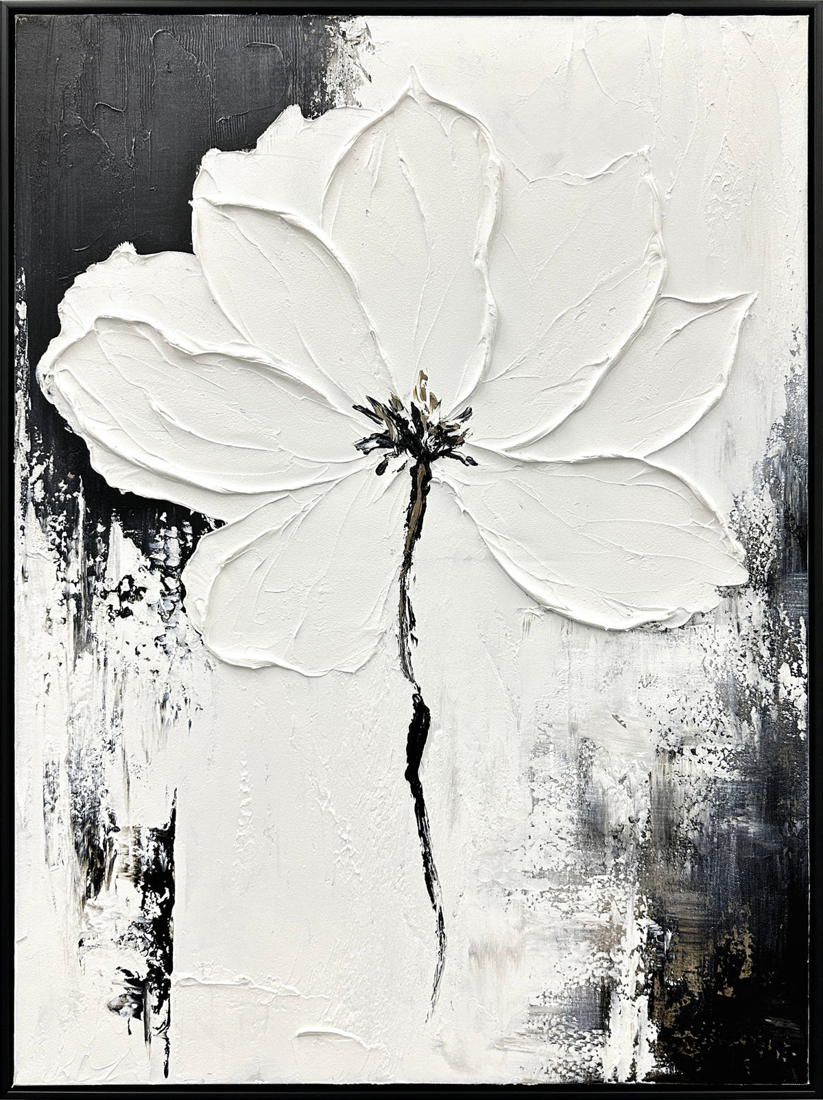 "Monochrome Blossom" Hand-Painted Canvas In Frame - White / Gray