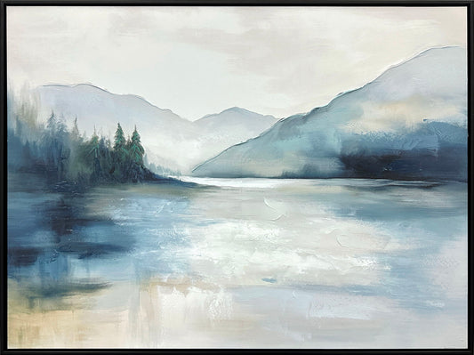 "Misty Lakeview I" Hand-Embellished Canvas In Frame - Blue / Gray
