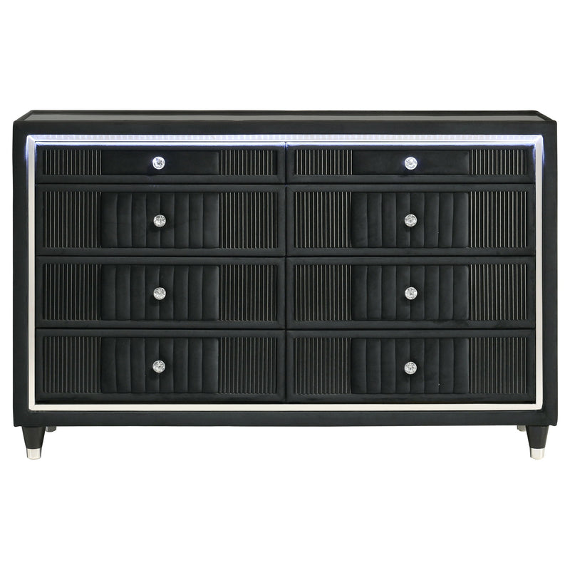 Ravenne 8-drawer Velvet Upholstered LED Dresser Cabinet Black