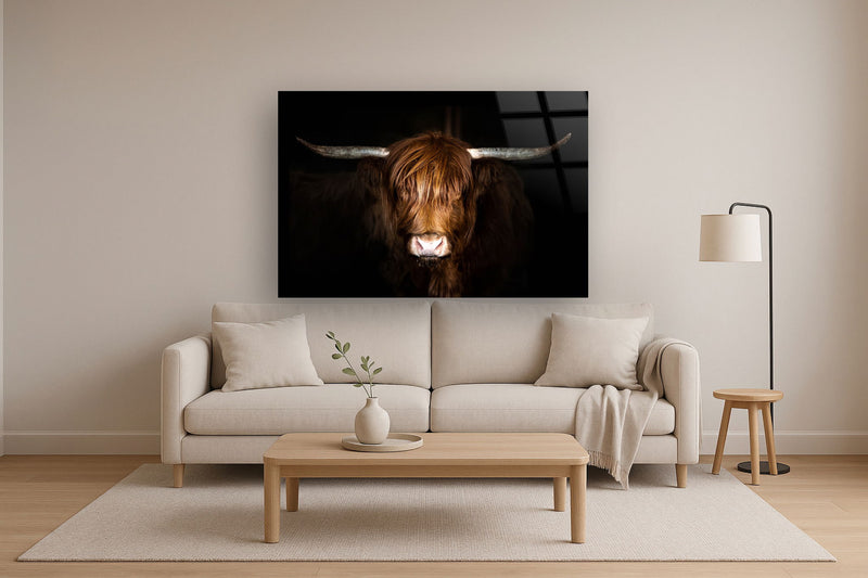 Tempered Glass With Foil Highland Cow on Black - Dark Brown