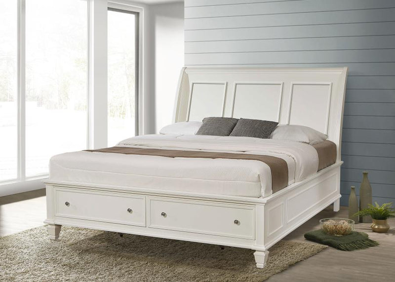Sandy Beach Wood Storage Panel Bed Cream White Eastern King