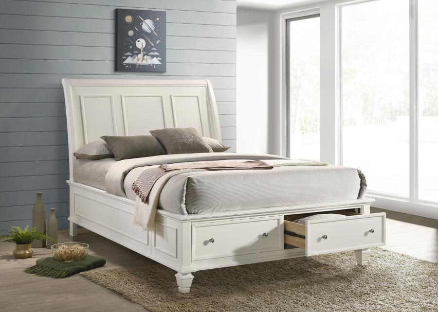 Sandy Beach Wood Storage Panel Bed Cream White Queen
